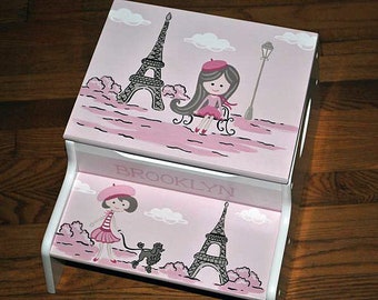 Kids 2 Step Stool-Paris-Eiffel Tower-Poodle-Girls-Pink-Childrens Step Stool-Girls Step Stool-Baby Shower-Kids' Furniture-Chair-Baby Gift