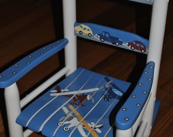 Handpainted Rocking Chair,Kids Rocking Chair,Childs Rocking Chair,Nursery Furniture,Baby Shower,Toddler Gift,Transportation II-Airplane-Car