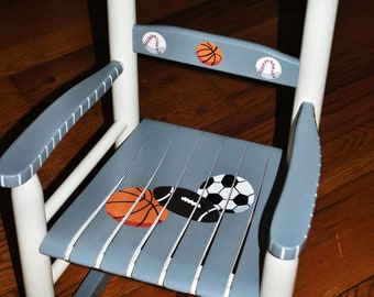 Hand Painted Rocking Chair,Rocking Chair,Sports,Baseball,Basketball,Soccer,Boy,Step Stool,Baby Shower,Kids' Furniture,Chair,BabyGift,Nursery