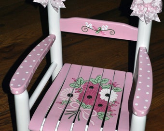 Handpainted Rocking Chair,Kids Rocking Chairs,Childs Rocking Chair,Nursery Furniture,Baby Shower,Toddler Gift,PinkFloral Bouquet,Personalize