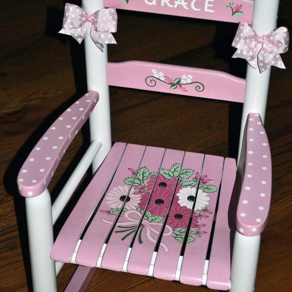 Handpainted Rocking Chair,Kids Rocking Chairs,Childs Rocking Chair,Nursery Furniture,Baby Shower,Toddler Gift,PinkFloral Bouquet,Personalize