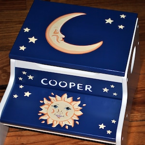Kids 2 Step Stool, Hand Painted, Boys Step Stool, Baby Shower, Chair, Baby Gift, Moon Baby, Nursery, Toddler