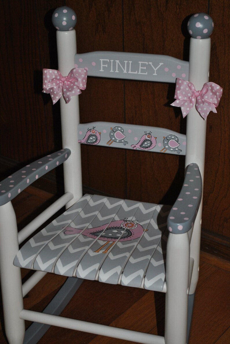 Handpainted Rocking Chair-Kids Rocking Chairs-Rocking Chair-Rocker-Nursery Furniture-Baby Shower-Toddler Gift-New Birdie-Chevron-Girl image 3