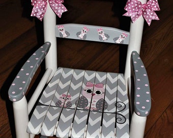 Handpainted Rocking Chair,Kids Rocking Chairs,Childs Rocking Chair,Nursery Furniture,Baby Shower,Toddler Gift,Owl Family,Personalized,Girls