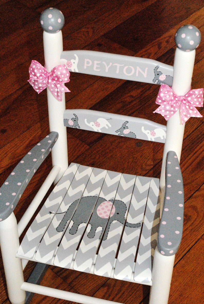 Handpainted Rocking Chair,Kids Rocking Chairs,Childs Rocking Chair,Nursery Furniture,Baby Shower,Toddler Gift,Pink Elephant,Girl,Personalize image 7