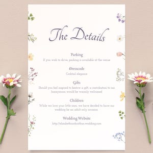 Pastell Blumenhochzeitsdetails Kartenvorlage - Bearbeitbares Canva Set - Digitaler Download - Druckbare Hochzeitsvorlage - Teil der Hochzeitsreihe