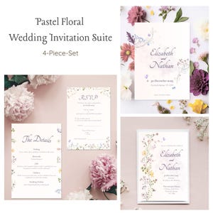 4-delige pastelbloemen DIY-afdrukbare huwelijksuitnodigingssuite – bewerkbare canvasset | Kaart met Save The Date, uitnodiging, RSVP en details
