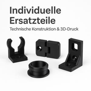 Könnte beinhalten: Schwarze 3D-gedruckte Ersatzteile, darunter eine Halterung, ein Scharnier und eine zylindrische Komponente. Das Bild zeigt auch einen gebogenen Clip und eine abgewinkelte Halterung. Der Text im Bild lautet "Individuelle Ersatzteile" und "Technische Konstruktion & 3D-Druck."