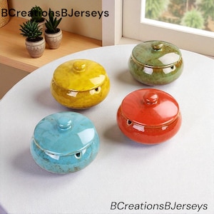 Glazed Ceramic Ashtray with Lid in Green, Blue - Modern Porcelain Ashtray with Lid - Gradient Design, Perfect for Office or Living Room