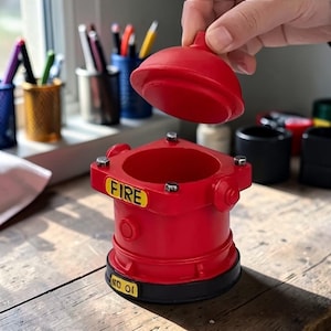 May include: A red fire hydrant-shaped container with a removable lid. The container has the word "FIRE" on a yellow label. The base is black, and the lid is being held open. The container is on a wooden surface.