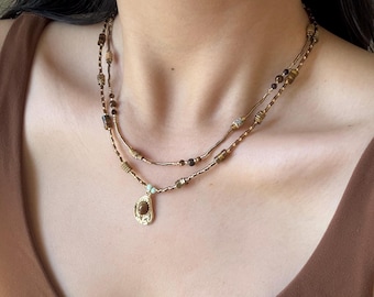 Tiger Eye Necklace Set, Gold Brown Beaded Necklace, Boho Pendant Necklace, Earthy Minimalist Layering Jewelry, Graduation Gift