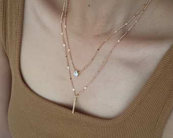 Gold Layered Choker Necklace,Zircon Stone & Bar Pendant,Minimalist Chic Jewelry for Everyday Wear,Anniversary Gift, Gift for Her,Prom Style