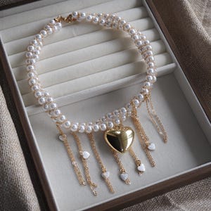 Layered Pearl Heart Necklace – Vintage Inspired Statement Choker with Gold Chain,Romantic Bold Jewelry for Women,handmade jewelry,giftforher