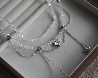 Crystal Heart Tassel Necklace, Dainty Double-Layered Zircon Pendant, Elegant Vintage-Inspired Choker, Romantic Handmade Jewelry for Women