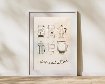 Coffee Poster - Rise & Shine - Cafe Wall Art - Vintage Coffee Print - Gift for art lover - Cafe Coffee Art - Hand-drawn Coffee Poster