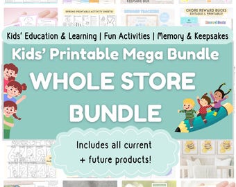 Whole Shop All-in-One Kids Digital Bundle, Printable Games, Learning, Memories, Keepsakes, Worksheets, Learn Activities + Lifetime Access