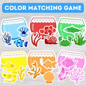 Gioco di abbinamento dei colori della boccia per pesci stampabile: attività di memoria per bambini (download immediato)
