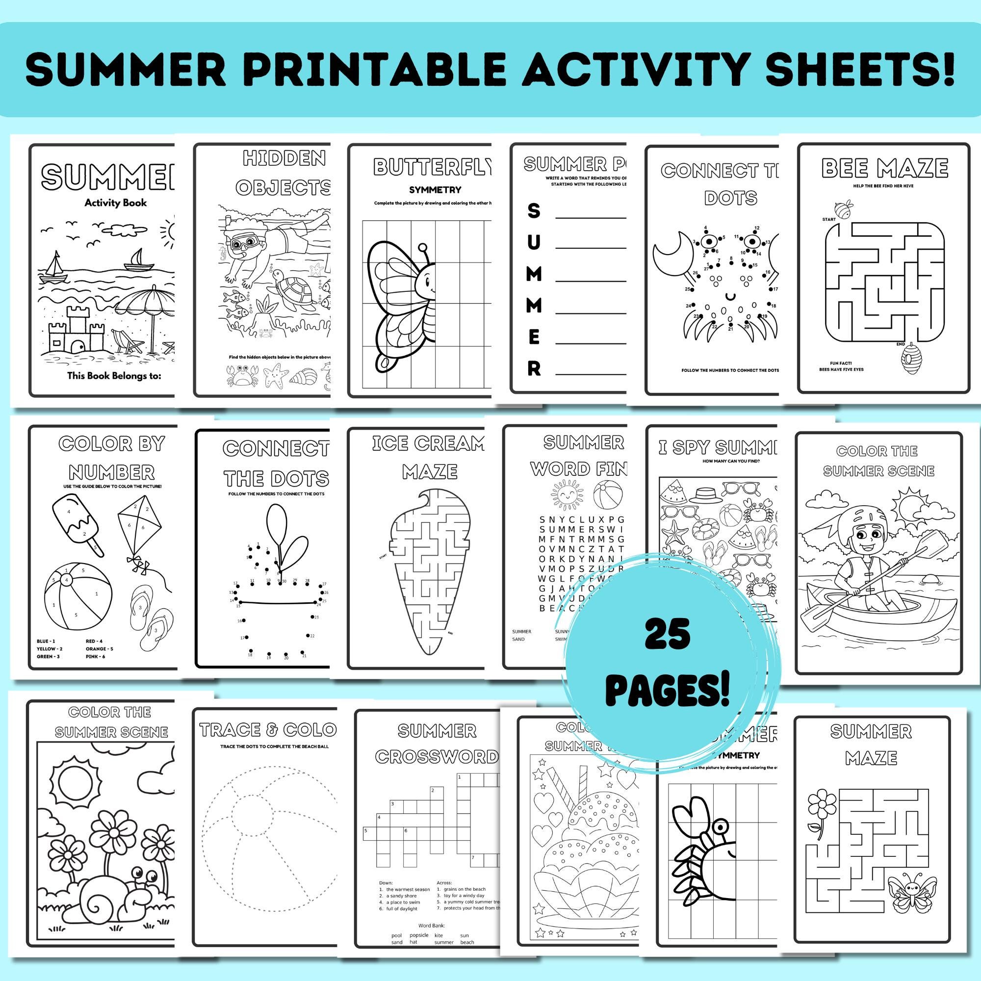 Summer Kids Activity Bundle: 25 Printable Games & Coloring Pages (Digital Download)