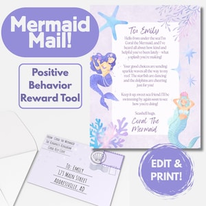 Carta de sirena + sobre para niños, plantilla imprimible y editable de recompensa por comportamiento positivo, digital, recuerdo, entrenamiento para ir al baño, mágico