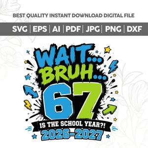 May include: A digital graphic design featuring the text WAIT... BRUH... 67 IS THE SCHOOL YEAR?! 2026-2027. The design uses blue and lime green lettering with black ink splatter effects, accented by small yellow and blue stars and lightning bolt icons.