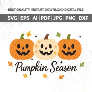 May include: A digital graphic featuring three cartoon pumpkins with carved faces. Two are orange, and one is cream-colored. The text "Pumpkin Season" is below the pumpkins, with fall leaves and stars. The image also includes file type options.