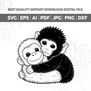 Puede incluir: Ilustración en blanco y negro de dos monos abrazándose. Un mono es negro y el otro blanco. La imagen es un archivo digital disponible en formatos SVG, EPS, AI, PDF, JPG, PNG y DXF.