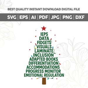May include: A digital file with a Christmas tree design. The tree is made of green text including "IEPS DATA FIDGETS VISUALS LAMINATE INCLUSION" and more. The file formats are SVG, EPS, AI, PDF, JPG, PNG, and DXF.