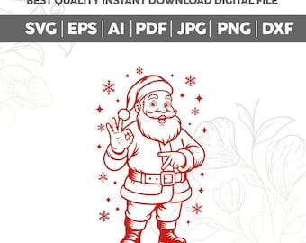 Könnte beinhalten: Rote und weiße Illustration von Santa Claus, der eine 'Okay'-Handgeste macht und zeigt. Das Bild enthält Schneeflocken und den Text 'BEST QUALITY INSTANT DOWNLOAD DIGITAL FILE' mit Dateityp-Abkürzungen.