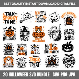 Op de afbeelding: Een verzameling van 20 Halloween-thema SVG-ontwerpen. De ontwerpen omvatten pompoenen, heksenhoeden, spookhuizen en zinnen als "Spooky Babe" en "Trick or Treat". De tekst "BEST QUALITY INSTANT DOWNLOAD DIGITAL FILE" staat bovenaan.
