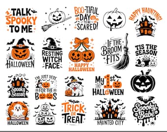 May include: A collection of 20 Halloween-themed SVG designs. The designs include pumpkins, witch hats, haunted houses, and phrases like "Spooky Babe" and "Trick or Treat." The text "BEST QUALITY INSTANT DOWNLOAD DIGITAL FILE" is at the top.