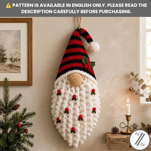 Patrón de ganchillo de gnomo navideño en PDF, decoración de puerta con gnomo, adorno de barba de gnomo para puerta y pared, amigurumi para colgar en la puerta de Navidad, decoración navideña