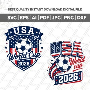 May include: Two digital graphic designs featuring a soccer ball, the text USA World Cup 2026, and red, white, and blue stars and stripes. The left design is a shield emblem, while the right design features a dynamic soccer ball with motion lines.