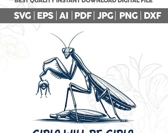Diseño de mantis religiosa feminista (SVG/Pf), escena de mantis religiosa sosteniendo la cabeza, humor feminista oscuro, mujeres vanguardistas