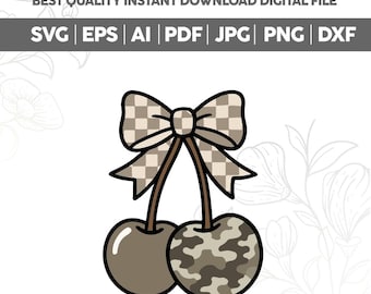 Camo karierter Kirschbogen SVG PNG, Camouflage Kirschen PNG, kariertes Muster, Trendy, Camouflage, Schleife, Distressed Camouflage Shirt Design Coquette Bow, Cricut