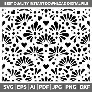 May include: A digital pattern file featuring a repeating black and white design of stylized fan-shaped floral motifs, small solid hearts, and scattered circular dots. The text BEST QUALITY INSTANT DOWNLOAD DIGITAL FILE and SVG EPS AI PDF JPG PNG DXF appears.