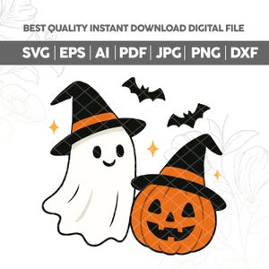 Op de afbeelding: Een digitale Halloween-afbeelding met een spook en een pompoen met heksenhoeden. De afbeelding bevat vleermuizen en tekst: BEST QUALITY INSTANT DOWNLOAD DIGITAL FILE, SVG, EPS, AI, PDF, JPG, PNG, DXF.