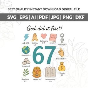 Puede incluir: Archivo digital con el texto "¡Dios lo hizo primero!" y varios iconos, incluyendo un rayo, manos rezando, un corazón, una Biblia y una llave. Los formatos de archivo incluyen SVG, EPS, AI, PDF, JPG, PNG y DXF.