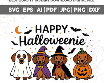 Happy Halloweenie Dachshund Dog SVG PNG,Trick or Treat Dachshund Png,Fall Bats and Moon Dog Costume,Daschund Shirt Cute and Spooky Halloween