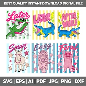 Könnte beinhalten: Digitale Datei mit sechs farbenfrohen Tierillustrationen. Enthält ein grünes Krokodil, ein blaues Krokodil und ein blaues Krokodil. Enthält auch einen Esel, einen Tiger und einen Waschbären. Der Text enthält "Later", "After While".