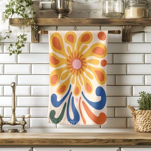 Retro Floral Tea Towel – 100% Cotton Kitchen Towel – Colorful Mod Flower Print – Groovy Boho Dish Towel – Cottagecore Kitchen Decor
