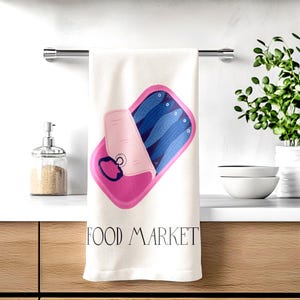Sardine Can Food Market Large Tea Towel – Retro Fish Market Kitchen Decor – Funny Coastal Dish Towel – Bold Trendy Kitchen Gift