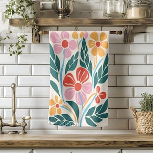 Retro Floral Tea Towel – 100% Cotton Kitchen Towel – Colorful Mod Flower Print – Groovy Boho Dish Towel – Cottagecore Kitchen Decor