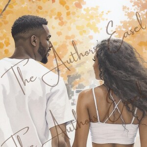 May include: Watercolor painting of a couple holding hands, walking away from the viewer. The man wears a white t-shirt, and the woman wears a white crop top and khaki pants. The text "The Authors" is overlaid on the image.
