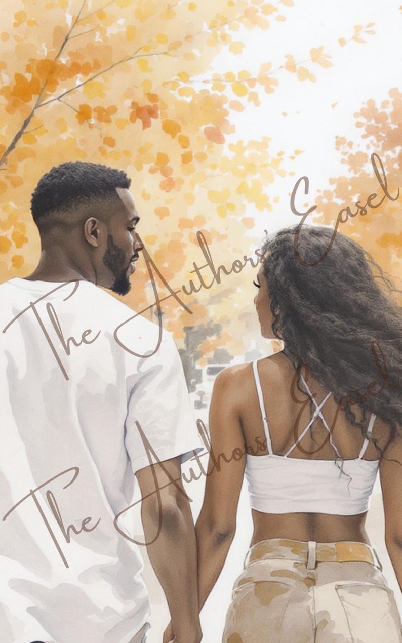 May include: Watercolor painting of a couple holding hands, walking away from the viewer. The man wears a white t-shirt, and the woman wears a white crop top and khaki pants. The text "The Authors" is overlaid on the image.