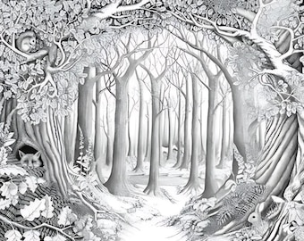 Página para colorear de un bosque caprichoso: escena de la naturaleza imprimible para relajación y atención plena