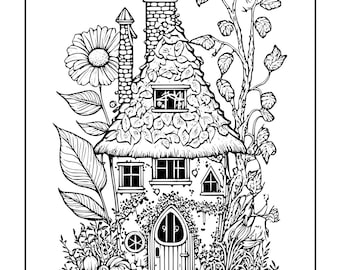 Dibujo para colorear de una encantadora casita de hadas / Arte imprimible de un acogedor hogar en el bosque para aliviar el estrés