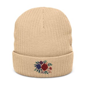 Floral Embroidered Beanie | Cozy Knit Winter Hat | Stylish Rose & Flower Cuffed Cap