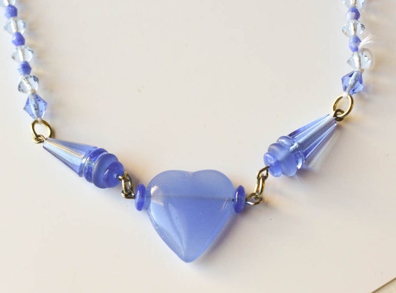 Czech Blue Glass Necklace, Heart Necklace, Czech B