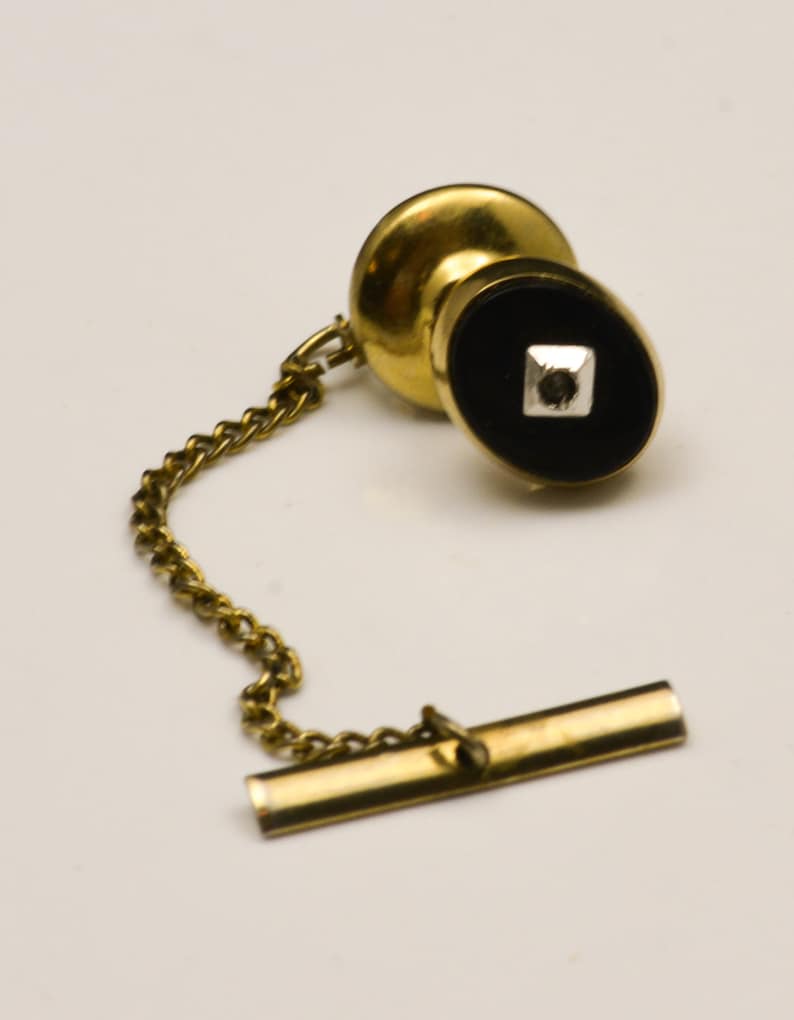 Wedding Tie Tack Tie Tack with Chain Black and Gold Tie Tack with Rhinestone Formal Tie Tack