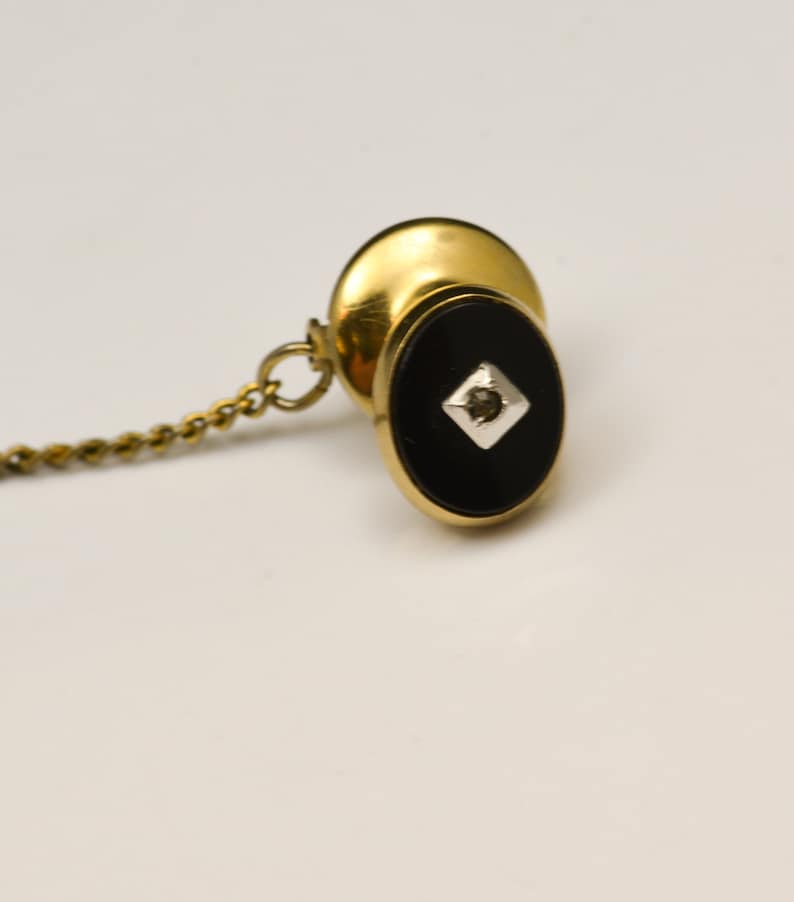 Wedding Tie Tack Tie Tack with Chain Black and Gold Tie Tack with Rhinestone Formal Tie Tack